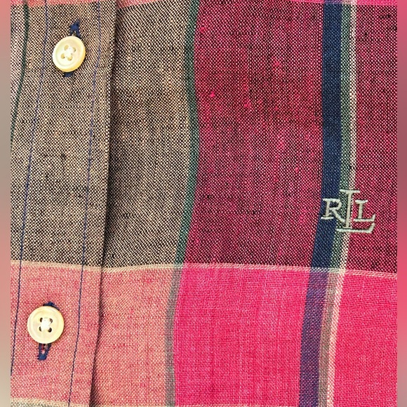 POLO  RALPH  LAUREN~ Plaid Linen Button-Up Shirt~ PETITE M - Picture 9 of 12